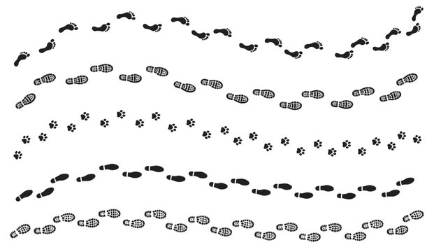 Collection of human footprints, shoe prints and animal paw track silhouettes isolated on white background, walking trail and tracking vector set for outdoor and adventure
