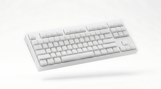 Blank white mechanical computer keyboard mockup featuring floating keys for tech hardware marketing and peripheral design