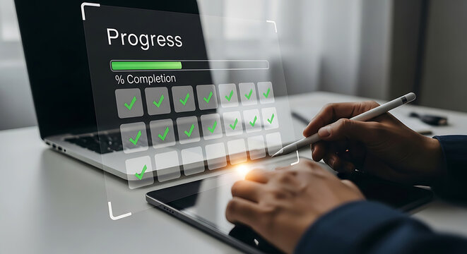 Professional business person using digital tablet to track project progress with interactive holographic checklist interface in a modern well lit office environment