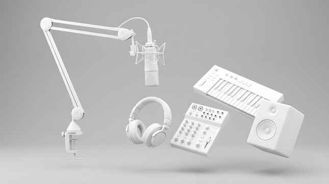 Floating studio music gear including microphone, headphones, audio mixer, keyboard controller and monitor speaker for production