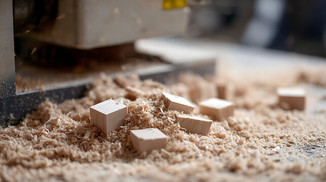 Close up view of wood chips and small wooden blocks on a workbench, with specialized machinery in the background, signifying woodworking or craftsmanship