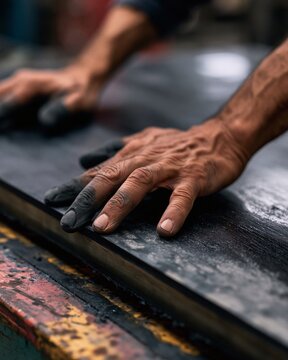 Medium shot of hands shaping SMC composite panels highlighting the process of molding lightweight durable exterior automotive parts with precision and care.
