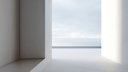 Fototapeta premium Minimalist white architecture with open view to distant calm ocean under a serene cloudy sky, geometric design and soft light