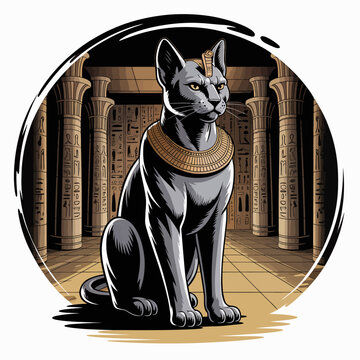 Egyptian Cat with Golden Collar Sitting.