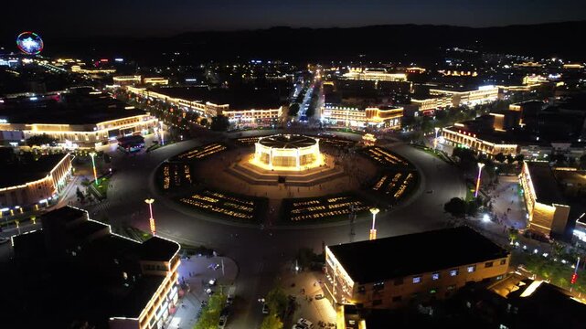 Aerial Drone  Night Raw Footage of Tekes Bagua City, Xinjiang, China