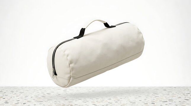 Isolated beige cylindrical duffel bag for camping gear storage with zipper closure and handle ideal for branding mockups