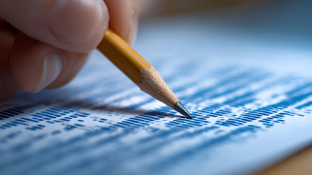Close-up of a hand holding a pencil over a document, focus on detailed work, concept of accurate data entry and methodical process