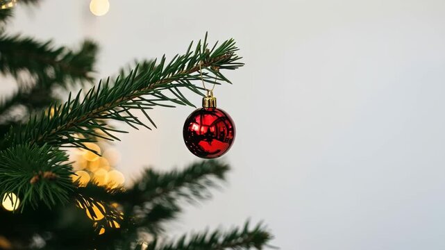 Christmas Tree Ornament: A single red bauble adorns a green fir tree branch, with soft bokeh lights glowing in the background, capturing the festive spirit of the holiday season.