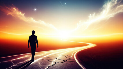 Obraz premium Conceptual Digital Art: Solitary Person on Spiritual Path to Hopeful Future Horizon and Starry Sky