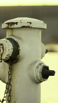 A fire hydrant stands next to water as the sun sets. The sky shows yellowish hues. The metal structure is rusty and weathered, indicating exposure to the elements over time.
