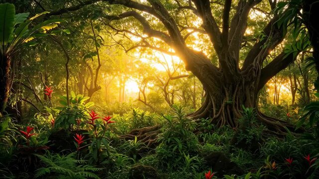 Enchanted Rainforest Sunrise: A majestic ancient tree stands tall in a vibrant rainforest, bathed in the ethereal golden light of a rising sun.