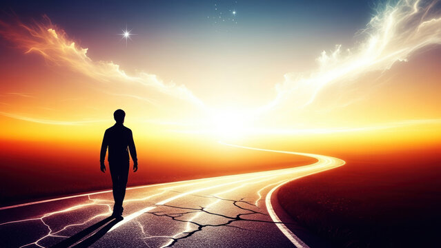 Conceptual Digital Art: Solitary Person on Spiritual Path to Hopeful Future Horizon and Starry Sky