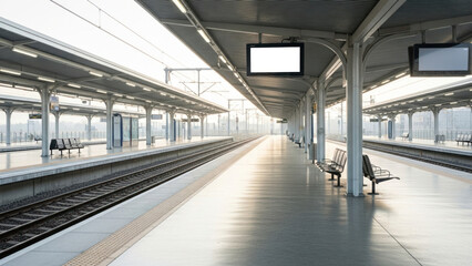 Obraz premium Empty Train Station Platform with Tracks and Benches, Realistic Photo