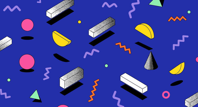 80s retro geometric shapes pattern background with 3d objects