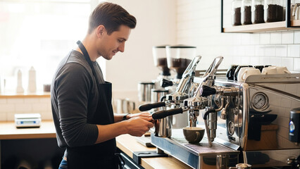 Fototapeta premium Photo-realistic image of a barista preparing coffee at a commercial espresso machine