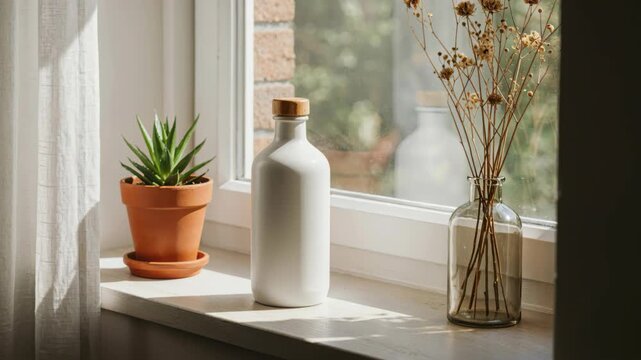 Minimalist Still Life: A white bottle and a potted succulent rest on a windowsill, illuminated by soft, natural light filtering through the window.