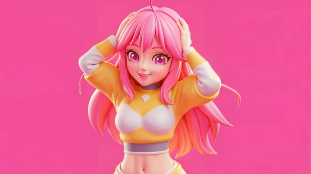 Anime Girl with Pink Hair: A vibrant anime-style character with long, flowing pink hair and bright, expressive eyes, wearing a yellow and white top, poses playfully against a solid pink background.