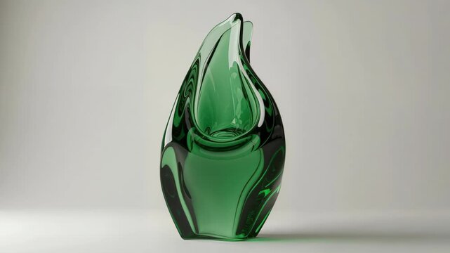 Sculptural Glass Vase: A striking, abstract art glass vase in a deep emerald green, showcasing fluid curves and elegant form. Perfect for modern decor.