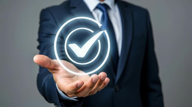 Business Approval: A businessman in a suit extends his hand, showcasing a glowing checkmark symbol within a circular frame, signifying confirmation and validation.
