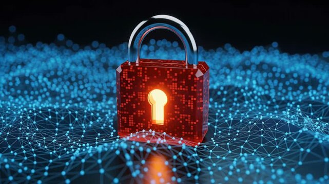 Digital Security Lock: A glowing red padlock with a luminous keyhole sits at the center of a digital network of blue interconnected dots, symbolizing data protection and cybersecurity.