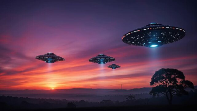 Alien Invasion at Dusk: A fleet of unidentified flying objects descends from the twilight sky, casting mysterious beams of light onto the landscape below as the sun sets.