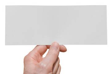 Fototapeta premium Hand holding blank white banner for advertising. Isolated