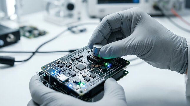 Gloved hands carefully placing a microchip component onto a complex circuit board, representing advanced electronics assembly and innovation