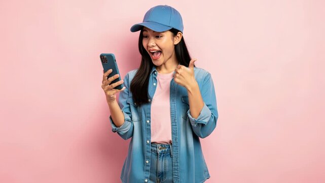 Excitement Over Mobile Connection: A young woman, dressed in casual denim, reacts with pure delight to her smartphone.