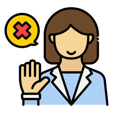 Female attorney declining speech with cross icon