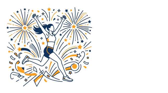 A woman athlete celebrating her victory while running with fireworks in the background.