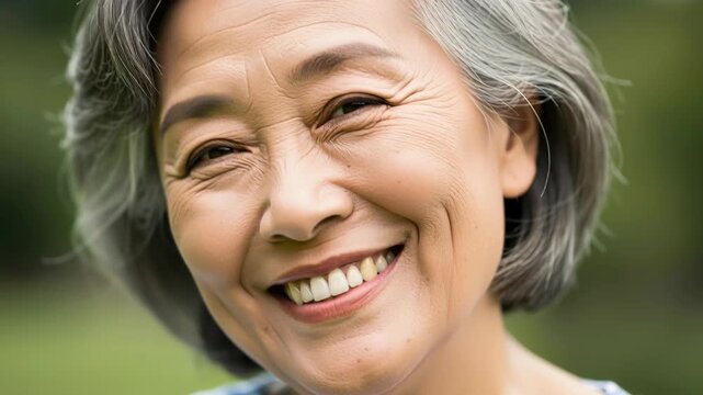 Asian Grandmother's Joyful Smile: A close-up portrait captures the warm, genuine smile of an elderly Asian grandmother, her eyes crinkling with happiness, embodying wisdom and contentment.