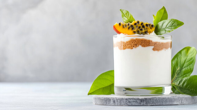 Glass of passion fruit yogurt parfait with fresh basil leaves on gray background