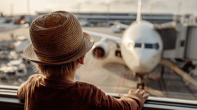 Boy Looks out Window at Airplane While Wearing Straw Hat