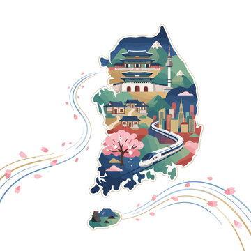 Creative vector map illustration of South Korea featuring traditional palace, seoul tower, ktx high speed train, cherry blossom, and jeju island elements.