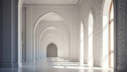 Obraz premium Photo-realistic Architecture: Elegant White Hallway with Arches and Sunlight in Islamic Style