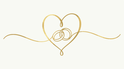 Fototapeta premium Golden heart with intertwined wedding rings elegant flourish