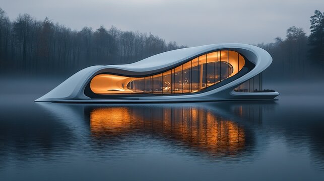 Floating Futuristic White Arc Pod House on a Serene Lake at Dusk