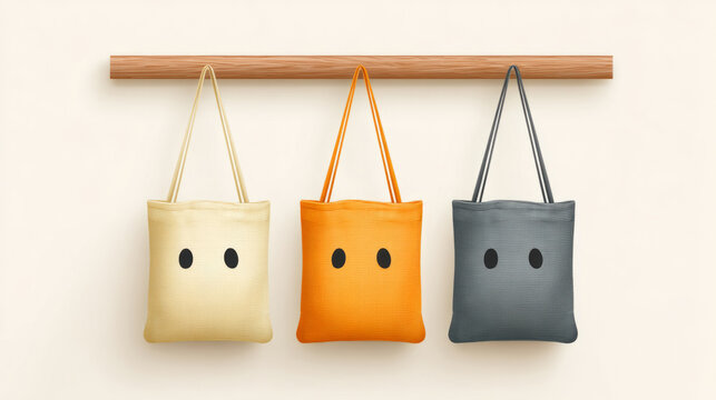 Colorful tote bags with cute faces hanging on wooden rod