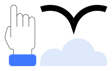 Fototapeta premium Freedom, aspirations, guidance, decision-making, opportunities, creativity. Illustration of a hand pointing upward, a bird silhouette and a cloud. Freedom and aspirations concept