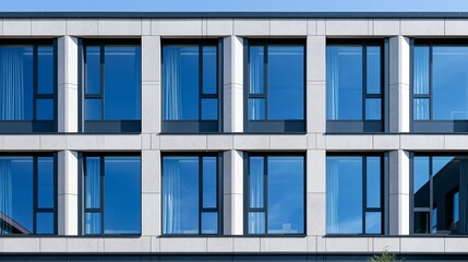 Fototapeta premium Medium shot of a modern building facade showcasing doublepane windows for improved energy efficiency and reduced heat loss in colder climates.