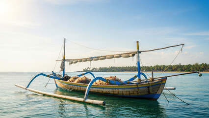 Fototapeta premium Photograph of a Traditional Indonesian Outrigger Fishing Boat in a Tropical Sea Landscape
