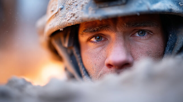 Determined young caucasian male soldier in helmet with intense gaze amidst battlefield