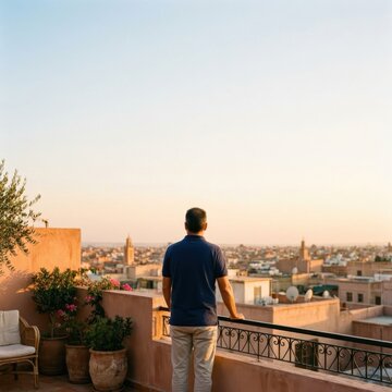 Man Standing on Rooftop Terrace Overlooking Marrakech City at Sunset