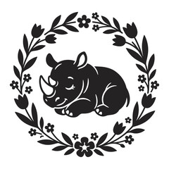 Sleeping rhino silhouette with flower wreath © AnilChandra