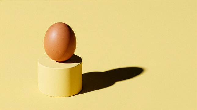 A single brown egg balanced on a yellow cylindrical pedestal against a plain yellow background with dramatic shadow