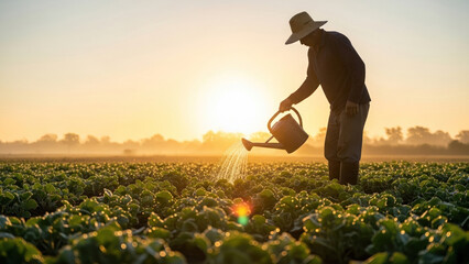 Fototapeta premium Agriculture: Farmer Watering Fresh Green Crops at Sunrise. Sustainable Farming and Rural Life Photography.