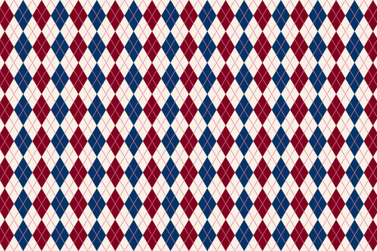 Traditional argyle pattern with red and blue rhombus shapes. Diamond print for sweater, plaid or wrapping paper. Harlequin cloth print. Circus wallpaper. Geometric background. Vector illustration.