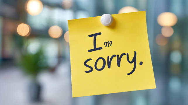 Yellow sticky note with "i'm sorry" message attached to glass with blurred background