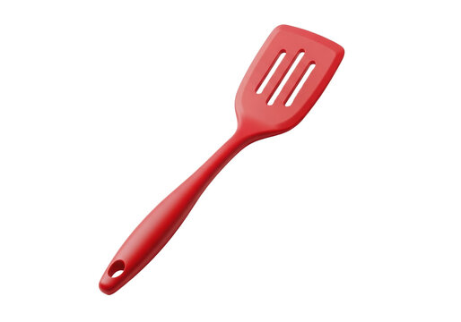 Brand-new vibrant red nylon kitchen spatula with ergonomic handle, slotted head, against a transparent background with copy space, professional product photography for culinary essentialism