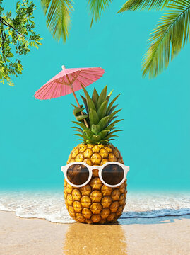 Playful pineapple wearing sunglasses and holding pink umbrella on tropical beach